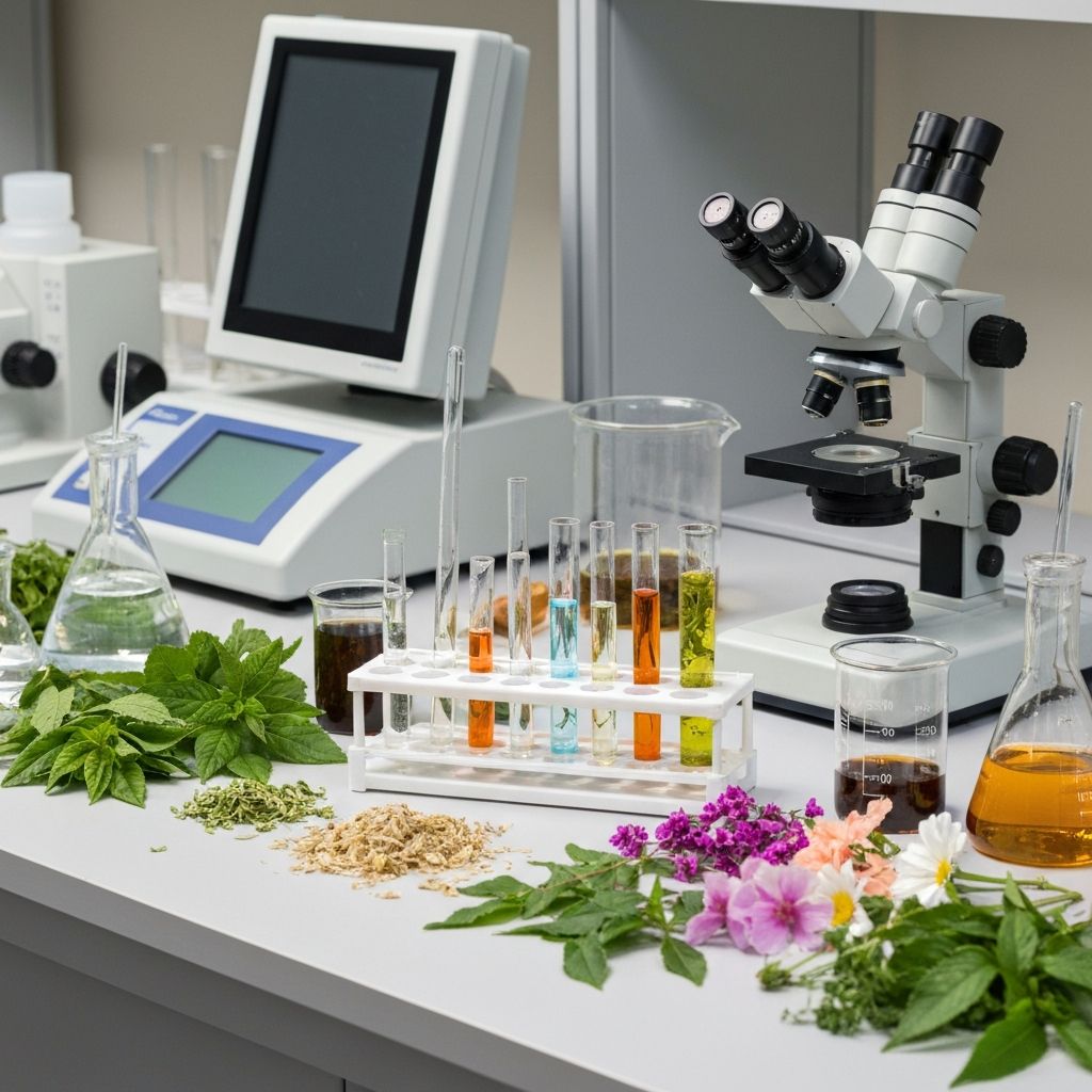 Scientific laboratory setting with natural plant extracts and research materials