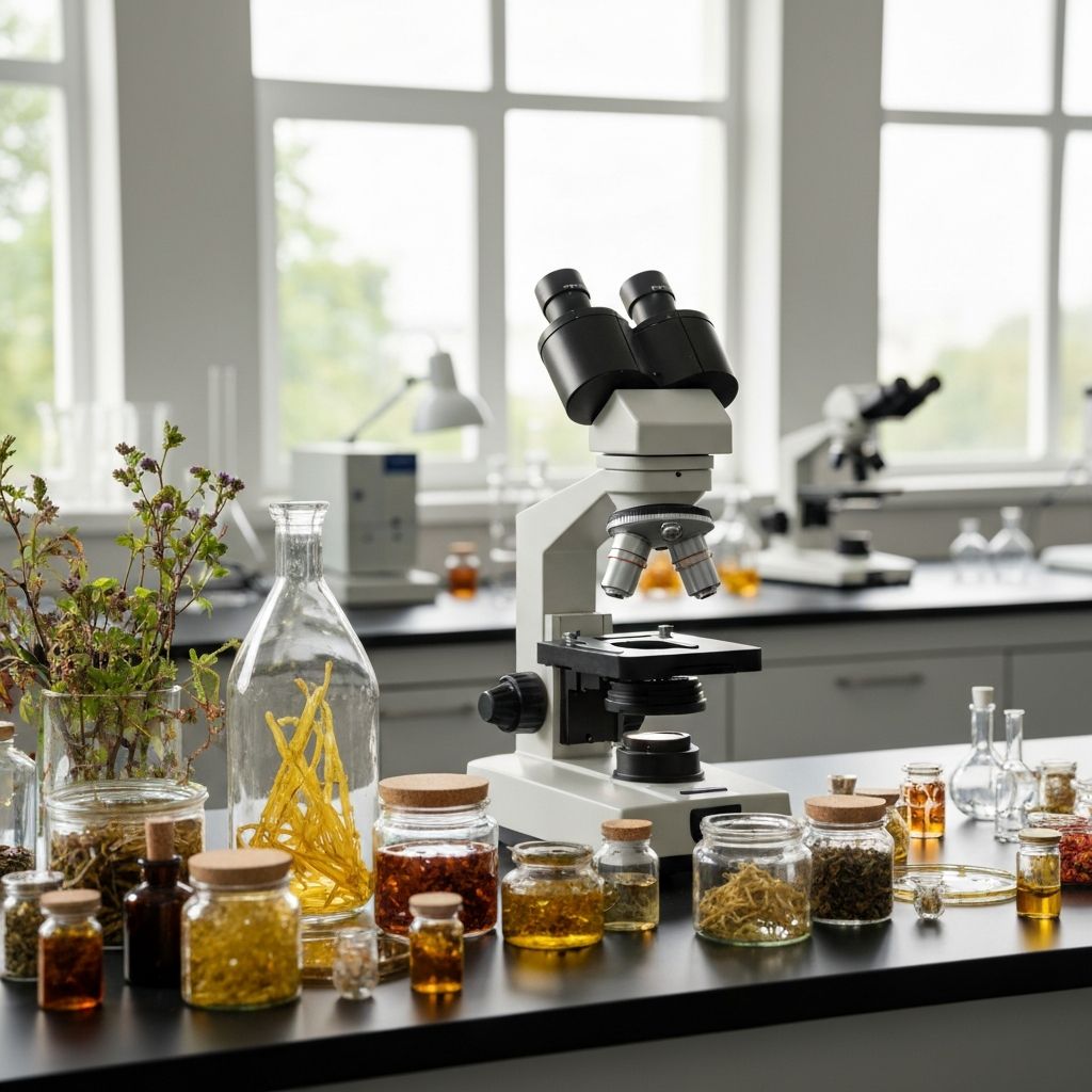 Scientific research imagery showing botanical analysis and plant components